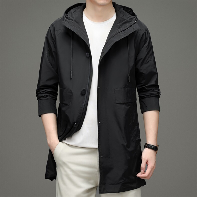 D192213春秋新款男士中长款风衣连帽外套简约通勤商务男装，男装风衣，电商B360