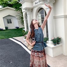 小众复古一整套女2025夏季新款设计感牛仔马甲民族风半身裙两件套，女装套装/套裙，1C130