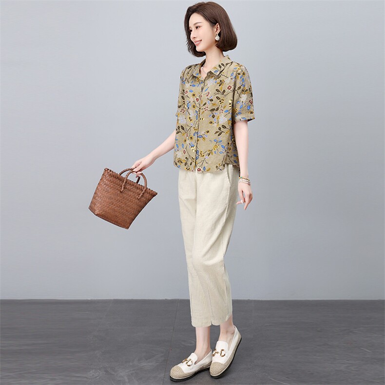 时尚印花衬衫棉麻套装女2025夏季新款中年妈妈洋气减龄亚麻两件套,女装套装/套裙,依恋蒂丝