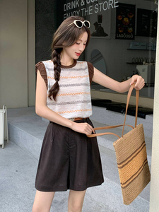 2026韩版显瘦条纹拼接T恤+小个子休闲配腰夏季新款两件套图片