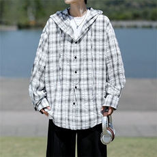 廓形防晒衬衫男夏季长袖冰丝薄款亚麻格子衬衣开衫外套CS29006P48，男装衬衫，电商B312