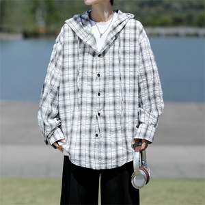 廓形防晒衬衫男夏季长袖冰丝薄款亚麻格子衬衣开衫外套CS29006P48图片