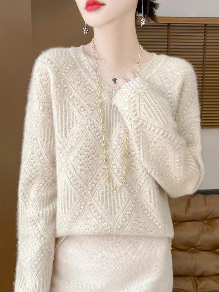 V领菱形绞花时尚气质纯色百搭简约针织衫，女装针织衫/毛衣，昂家羊绒
