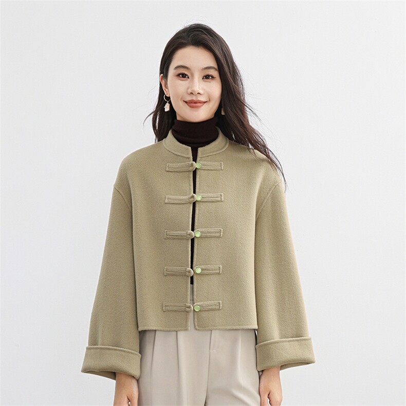 新中式盘扣羊毛气质毛呢外套女短款2025秋冬新款双面羊绒大衣粉色，女装双面呢大衣，高哲羊绒