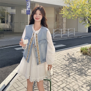 韩系小个子减龄连衣裙套装女2025春新款设计感显瘦牛仔马甲两件套图片