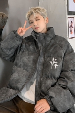港风PU皮复古做旧可拆卸四芒星胸针设计棉衣男MY77721P128控168，男装棉衣，星座227-7