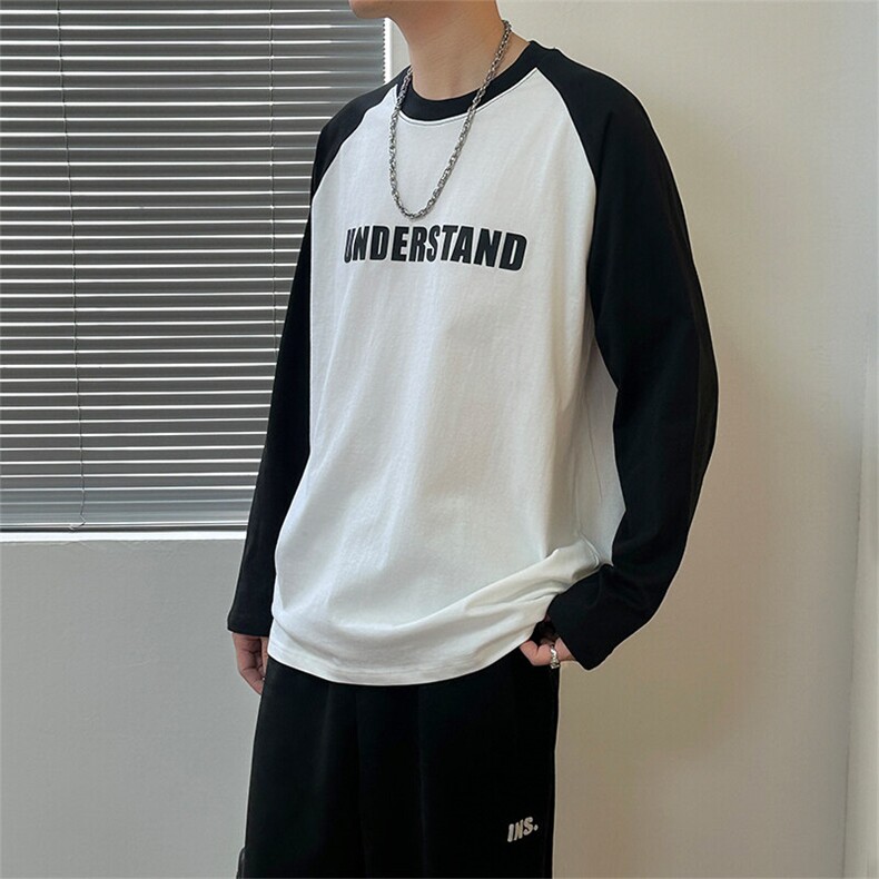 2025现货新款拼色印花长袖T恤宽松休闲打底衫上衣A351-AT2537-P40，男装T恤，电商A351