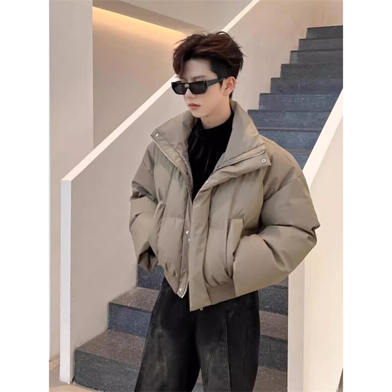 现货5W件冬季三防重磅硬挺boxy短款羽绒立领PU皮棉衣外套加厚棉服，男装棉衣，电商A486-1