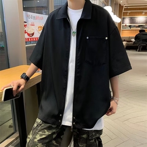 美式高街铆钉拉链开衫短袖衬衫男日系工装黑色休闲外套衬衣 C401图片