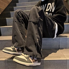 水洗做旧侧开拉链牛仔裤男款潮牌美式高街嘻哈阔腿长裤子H32-p50，男装牛仔裤，星座1008