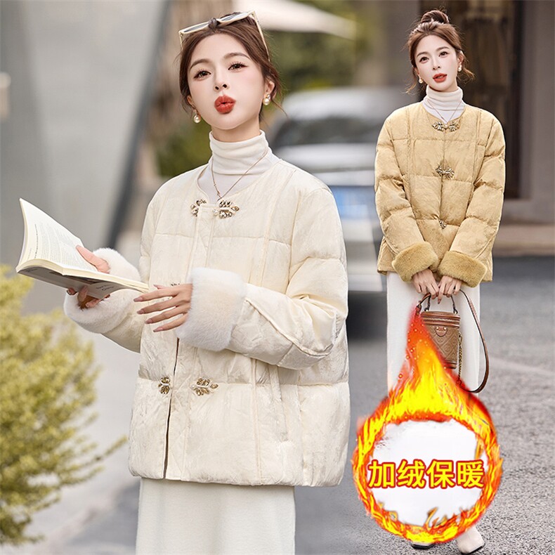 新中式羽绒服女2025冬季新款高级感水貂毛拼接盘扣保暖外套女,女装羽绒服,丽影随形