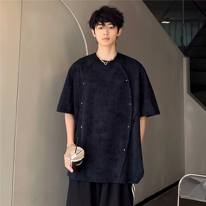 拼接吊染渐变设计金属钉子潮牌痞帅嘻哈男款美式短袖T恤T808-P38图片