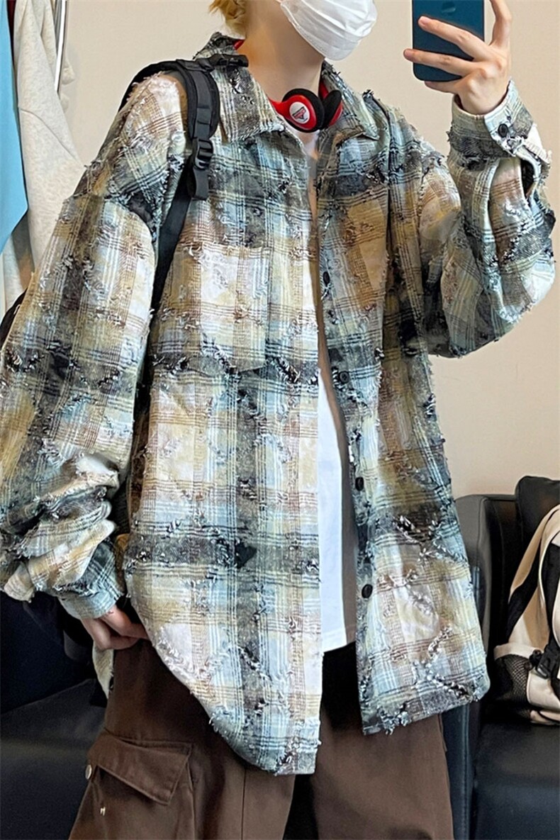 复古翻领扎染格纹衬衫长袖潮牌高级感宽松休闲外套C2206-特价P55,男装衬衫,电商A007