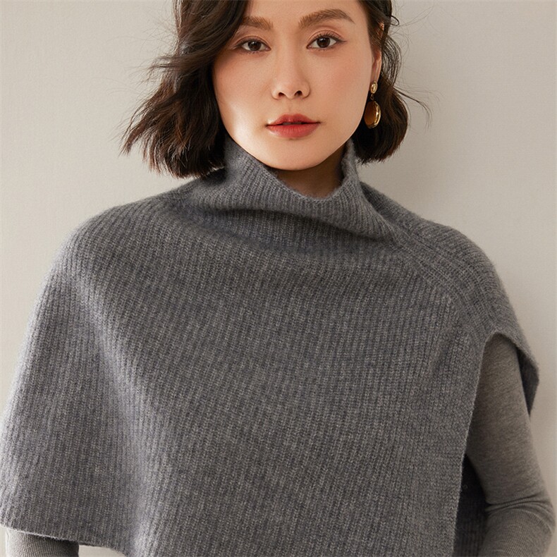 2025秋冬新款纯山羊绒衫女士高领披肩斗篷宽松慵懒风针织毛衣外套,饰品披肩,尚达羊绒