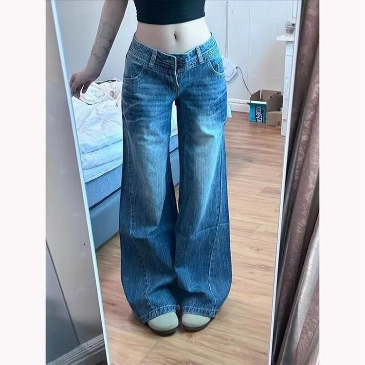 美式复古水洗蓝色牛仔裤男春秋季设计感高街潮牌直筒阔腿微喇裤子,男装牛仔裤,星座218-8
