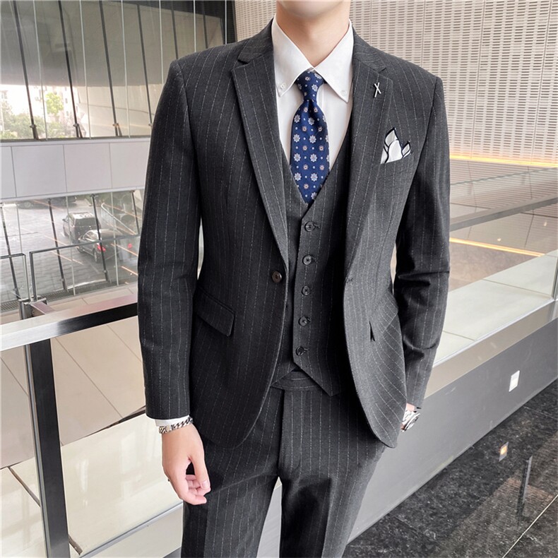 西服套装男条纹商务正装韩版潮流修身帅气新郎结婚礼服西装三件套,男装西服套装,星座505-2（原电商A260-1)
