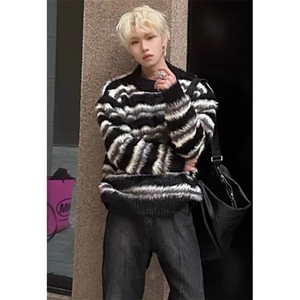 秋冬小众设计黑白条纹仿貂毛圆领毛衣男女针织衫 MY80图片