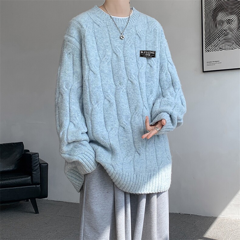 8XL-M圆领毛衣男秋冬慵懒风宽松情侣装麻花针织羊毛衫MY19004P68,男装针织衫/毛衣,电商B312