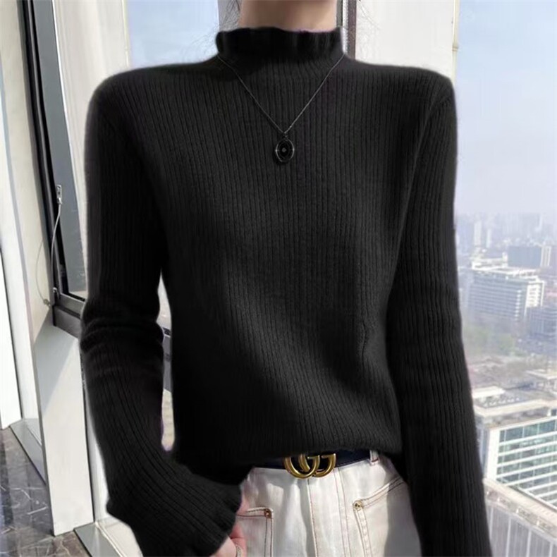 秋冬100%纯羊毛衫女花边半高领长袖坑条针织毛衣羊绒衫内搭打底衫，女装针织衫/毛衣，萱芳婷羊绒