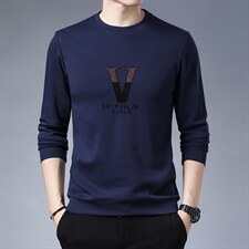 2023新款中年男士纯色印花长袖t恤春季圆领套头卫衣男装打底上衣,男装T恤,电商B212（原钱塘6029）