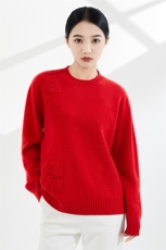 女士秋冬季新款时尚钩花圆领羊毛衫，女装羊毛衫，奢优羊绒