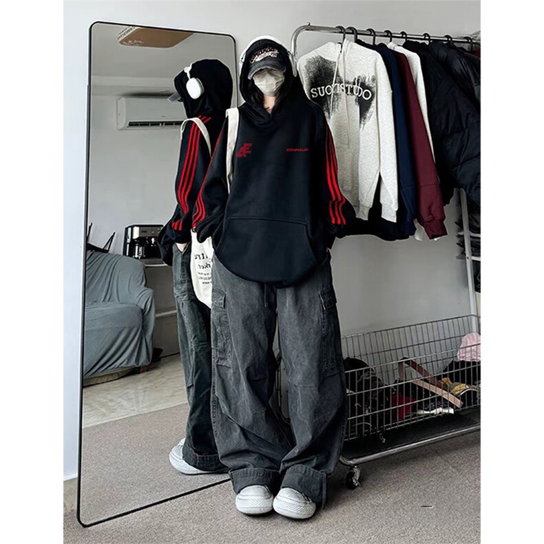 抖音得物高品质480克全棉加绒加厚宽松织带连帽印花卫衣A2305,男装卫衣,电商A443