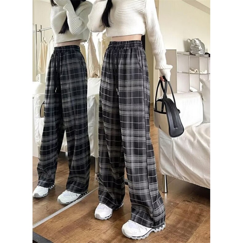 复古格子阔腿裤女秋季高腰显瘦宽松垂坠感直筒长裤子K152,男装休闲裤,星座1116A（原606A-3）