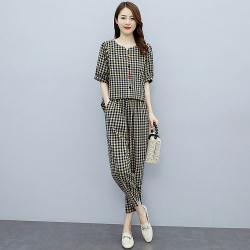 时尚棉麻格子套装女夏大码减龄T恤七分哈伦裤休闲亚麻两件套,女装套装/套裙,悠米