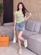 女夏新款时尚套装裙气质显瘦蕾丝拼接蝴蝶结针织衫牛仔短裙两件套，女装套装/套裙，江南