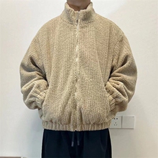 日系软糯立领羊羔毛外套男冬季美式休闲短款仿羊羔绒工装棉衣夹克，男装棉衣，星座506A