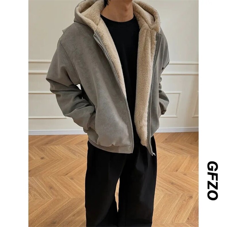 网图美式宽松PU皮座山雕仿兔毛连帽加厚保暖棉服M011特P80,男装棉衣,星座205-3