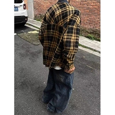 复古黄色格纹衬衫男女春秋ins宽松休闲百搭拼接牛仔长袖外套C33，男装衬衫，星座1116A（原606A-3）