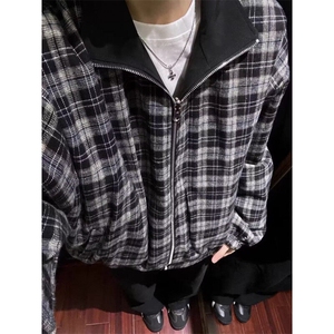 双面穿格子夹克外套男款春秋季潮牌高级感美式复古cleanfit棒球服图片