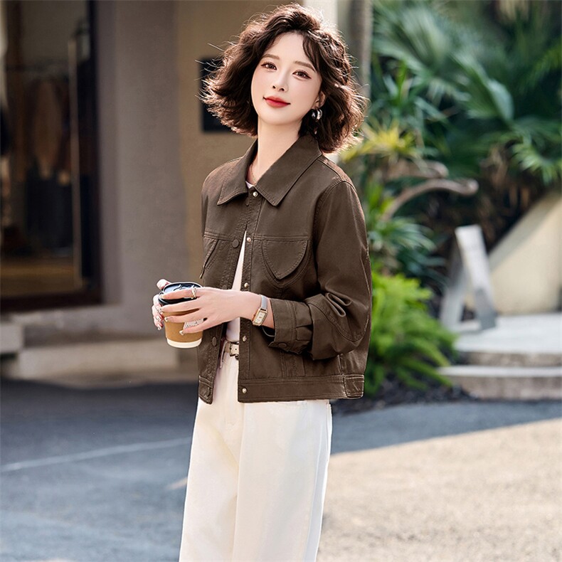 洋气减龄粉色短款皮衣外套女2025春新款小个子休闲翻领皮夹克上衣,女装皮衣,魅丽静蓝