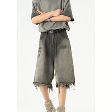 水洗做旧毛边牛仔短裤男夏季潮牌高街痞帅宽松五分裤BD162-P45，男装牛仔裤，星座1001-1