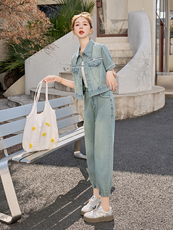 夏季时尚牛仔套装女2025年新款休闲穿搭欧货时髦洋气九分裤两件套，女装套装/套裙，意芙