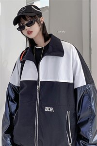 【】A003-HJ5073-P80春装新款拼接港风夹克外套 女模图片