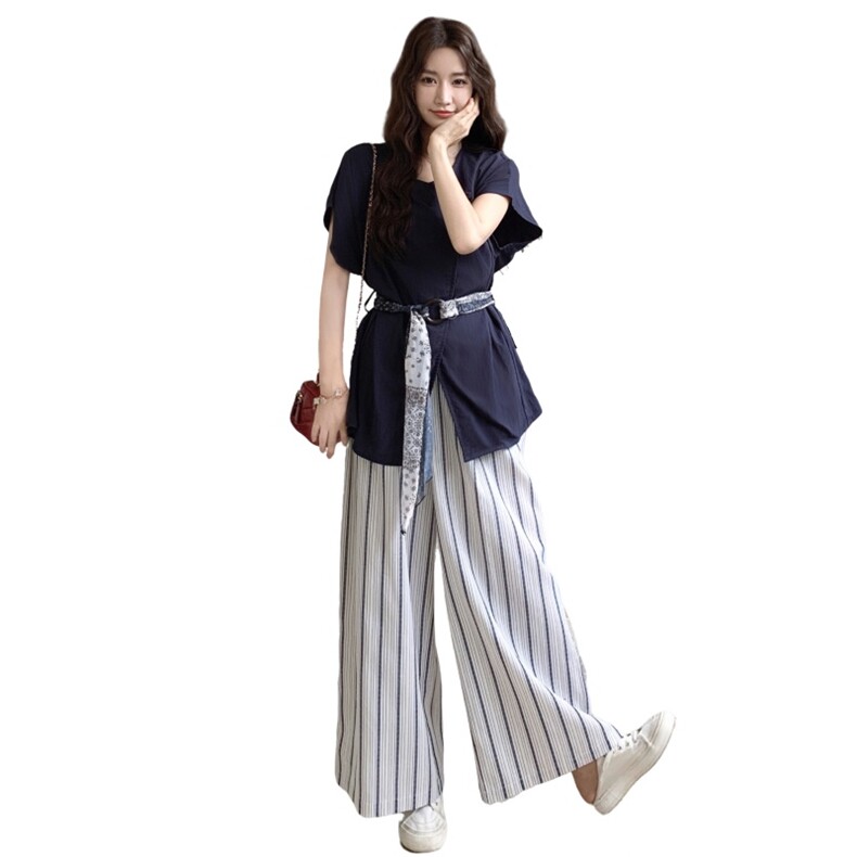 藏青色衬衫条纹阔腿裤套装女夏2025新款巨好看流行爆款两件套ootd,女装套装/套裙,2C258