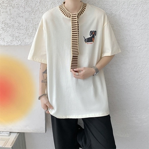 8XL-M 纯棉复古拼接假领带设计短袖美式T恤男重工情侣上衣潮DX341图片