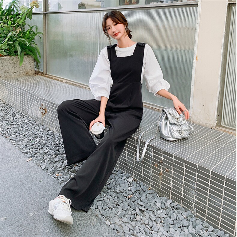 时尚黑色背带裤女2025夏季新款韩版宽松高腰显瘦阔腿直筒裤两件套,女装套装/套裙,2C169