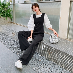 时尚黑色背带裤女2025夏季新款韩版宽松高腰显瘦阔腿直筒裤两件套图片