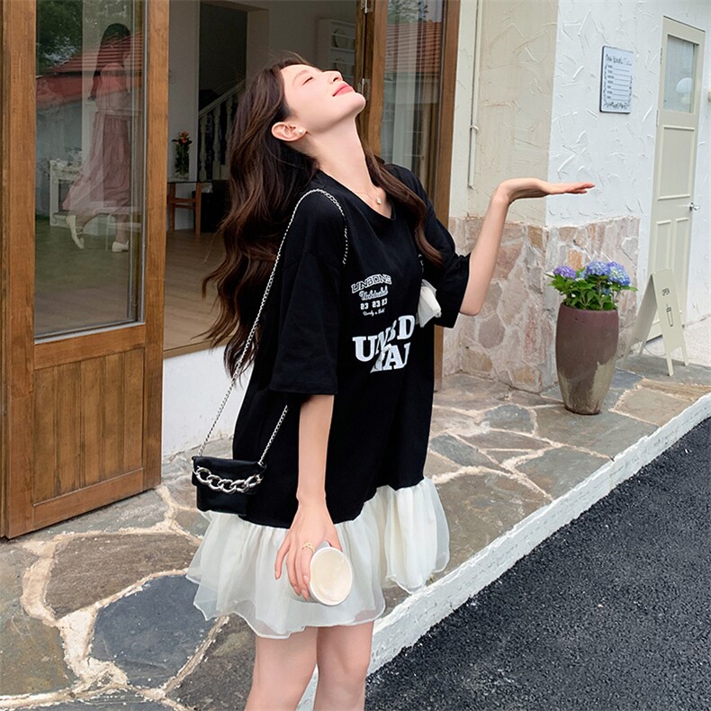 法式俏皮T恤撞色连衣裙女2025夏季新款韩版宽松显瘦网纱拼接短裙，女装连衣裙，灵力轩