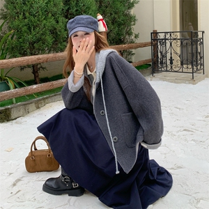 现货新款秋冬新款针织连帽拼接长袖羊绒外套女短款双面羊绒大衣潮图片