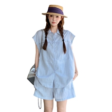 活泼减龄条纹短袖衬衫套装女2025年夏季新款小个子休闲短裤两件套，女装套装/套裙，2C135