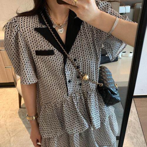 翻领印花连衣裙，女装连衣裙，XTZ style