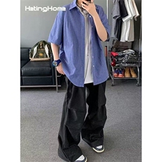 美式复古细格子短袖衬衫男女休闲宽松百搭cityboy蓝色衬衣CS44，男装T恤，星座1116A（原606A-3）