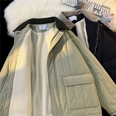 港风撞色灯芯绒拼接领棉衣外套女羊羔绒情侣加厚棉服G1070P128，男装棉衣，电商A339