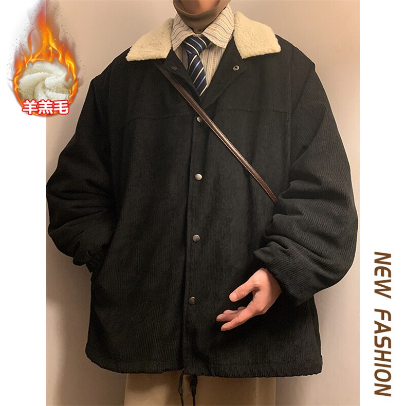 特批P78无差价冬季oversize灯芯绒翻领夹克男潮羊羔毛棉衣棉服M82,男装棉衣,电商A001