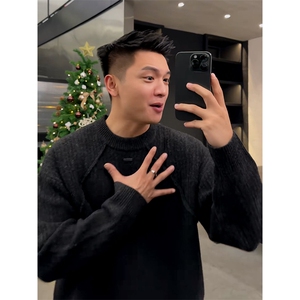 重磅金属装饰工艺男女纯色打底针织衫圆领套头美式复古休闲毛衣冬