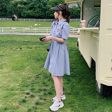 超好看ifashion韩系蓝色衬衫连衣裙女夏2025年新款高级感气质中裙，女装连衣裙，2D078